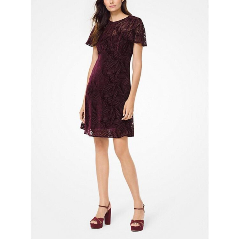 NWT $225 MICHAEL MICHAEL KORS Velvet Devoré Cordovan Flutter-sleeve Dress Sz 8